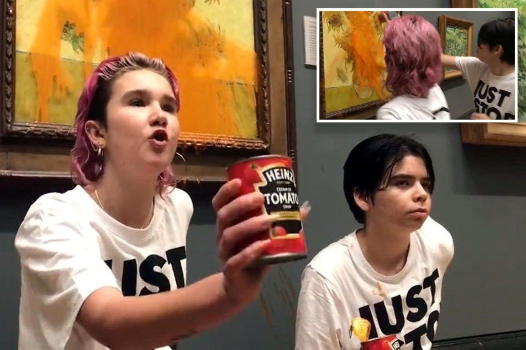 Anna Holland and Phoebe Plummer have been arrested for splashing a tin of tomato soup across Van Gogh's iconic "Sunflowers" painting inside the National Gallery in London.