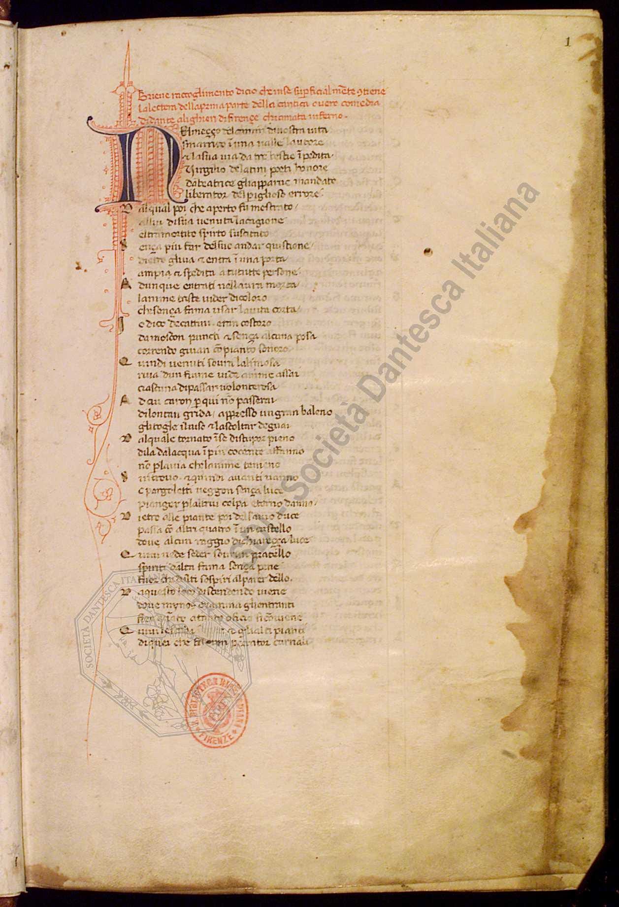 Manuscrito da Divina Comédia reescrito por Giovanni Boccaccio, do séc. XIV, preservado na Biblioteca Riccardiana.