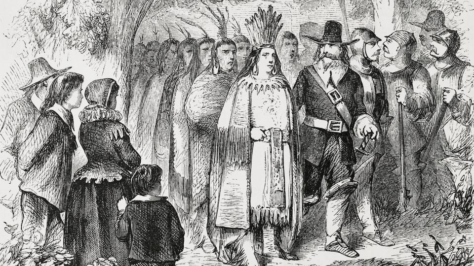 Massasoit, the Wampanoag Indian chief who maintained peaceful relations with the English in the area of Plymouth, Massachusetts, visits the Pilgrims.