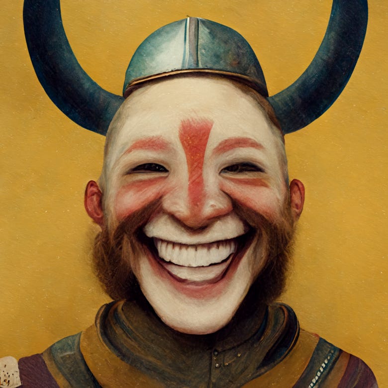 A viking wearing makeup and smiling