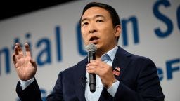 Democratic presidential candidate Andrew Yang speaks during a forum on gun safety at the Iowa Events Center on August 10, 2019 in Des Moines, Iowa.