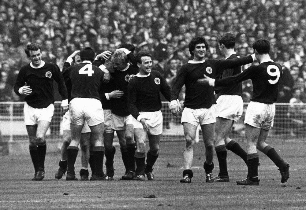 Scotland celebrate at Wembley in 1967, when a 3-2 win over England made them “unofficial world champions”
