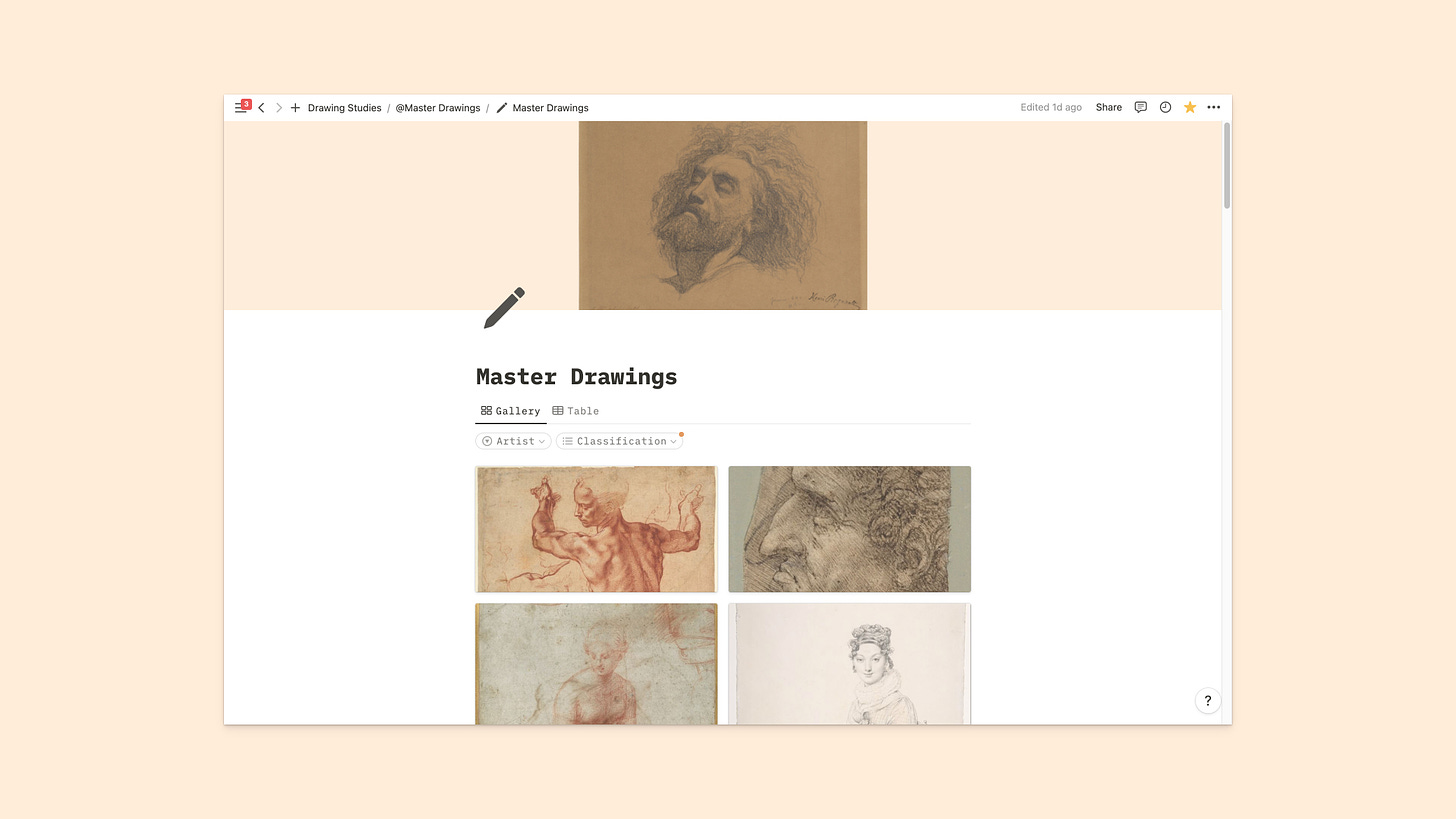 screen shot of a notion page of master drawing database