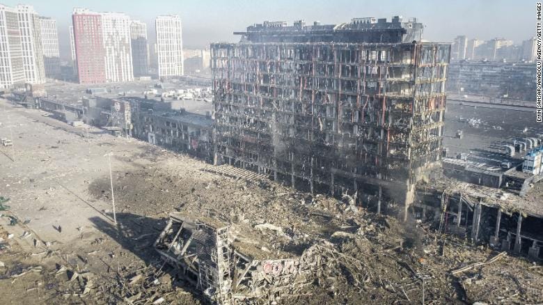 The Retroville shopping mall in Kyiv, Ukraine, is seen on Monday, March 21, after Russian shelling.