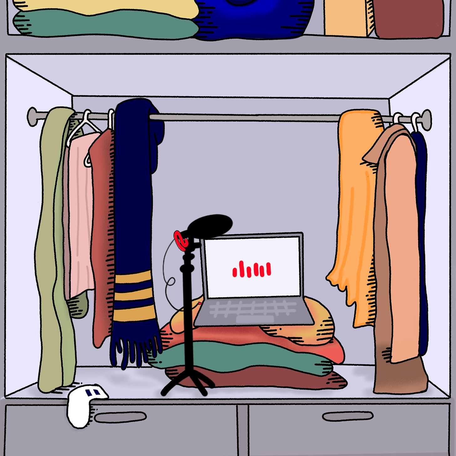 Illustration of a podcasting set-up including a microphone and laptop in a closet full of clothes.