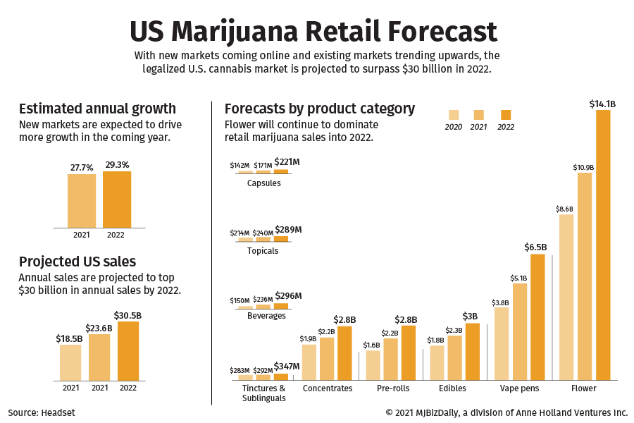 Chart showing the long-term forecast for the US marijuana market in 2022.