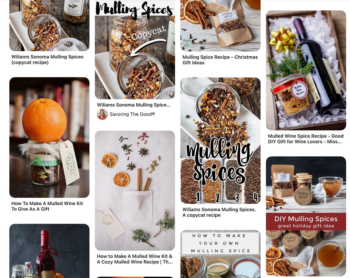 A screenshot from Pinterest showing different ideas for mulled wine kits