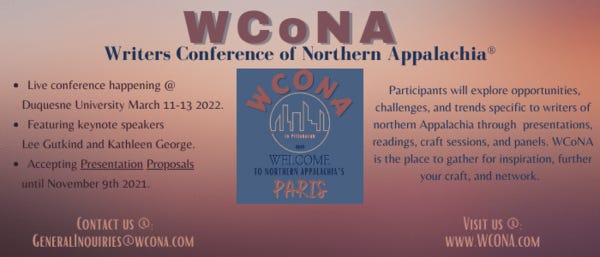 Now Accepting Proposals for Presentations: The Writers Conference of Northern Appalachia (WCoNA®)!