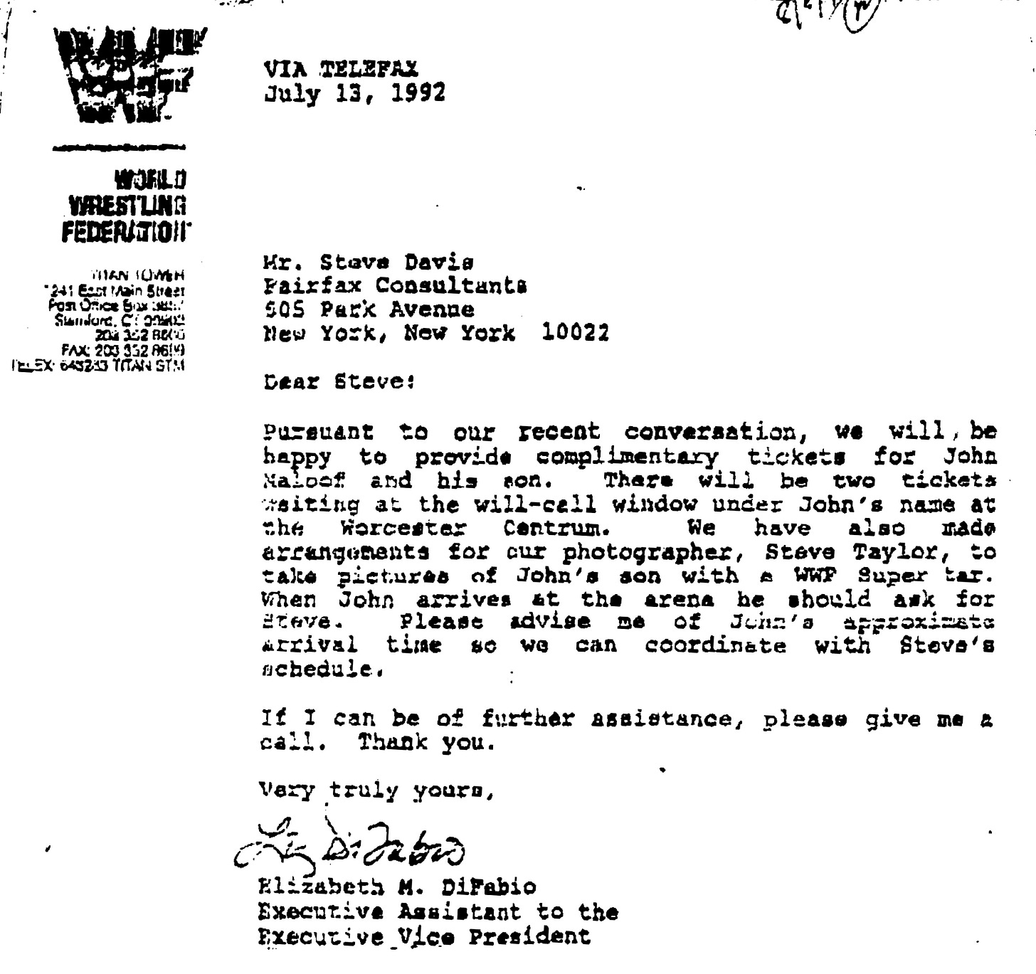 A letter sent from Titan Sports’ Elizabeth DiFabio to one of their private investigators.at Fairfax about John Maloof. (Image source; Federal court records.)