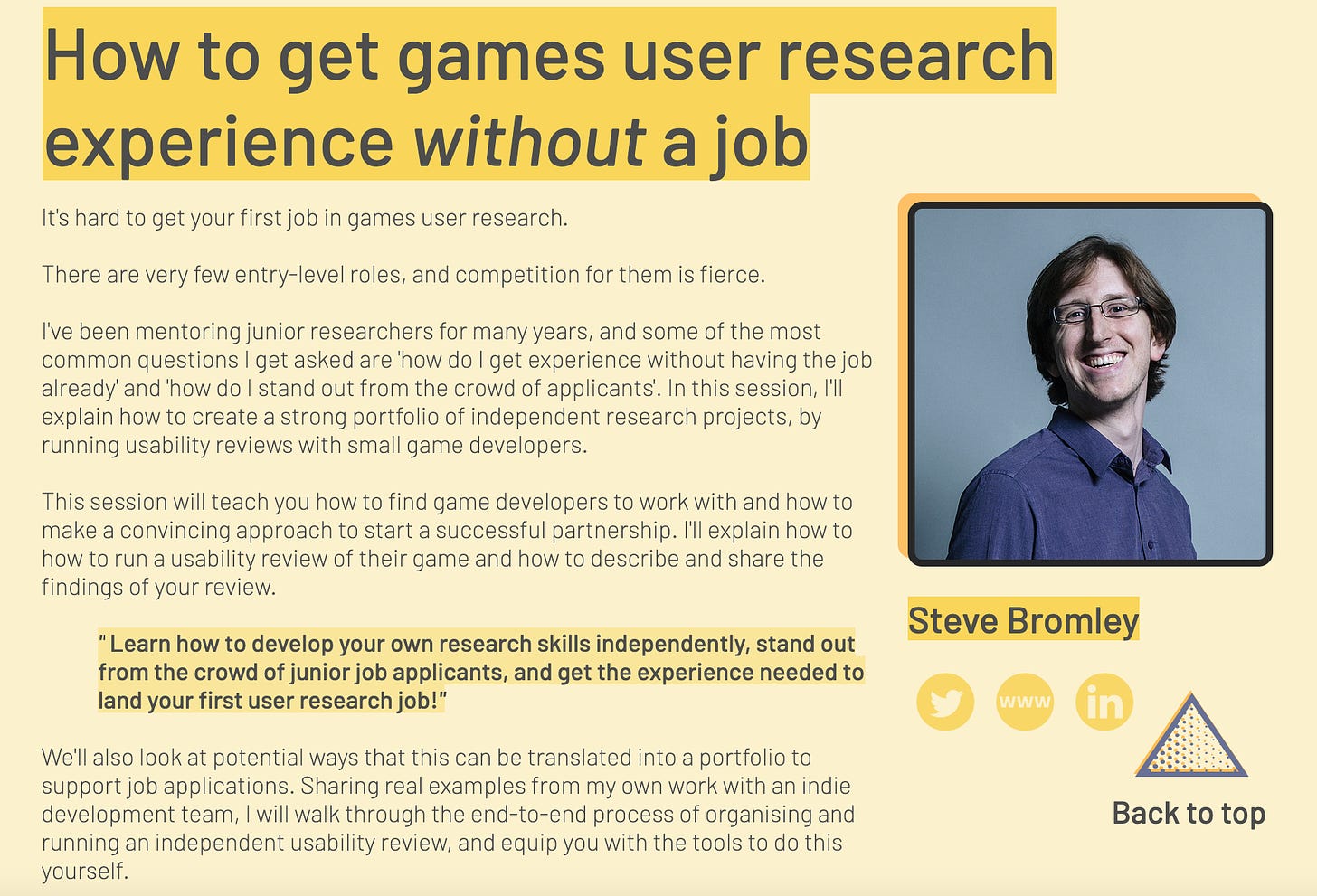 Steve Bromley's talk "How to get games user research experience with a job'