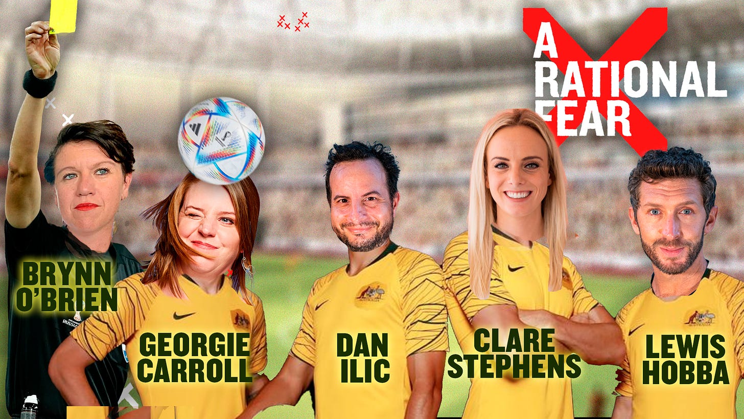 Digitally composed shot of Brynn Obrien as a referee, and Georgie Caroll, Dan Ilic, Clare Stephens, and Lewis Hobba as Socceroos in a Qatari stadium. Brynn is holding up a yellow card, and a FIFA 2022 ball is landing on Georgie's head. There is an A Rational Fear logo in the right hand corner.