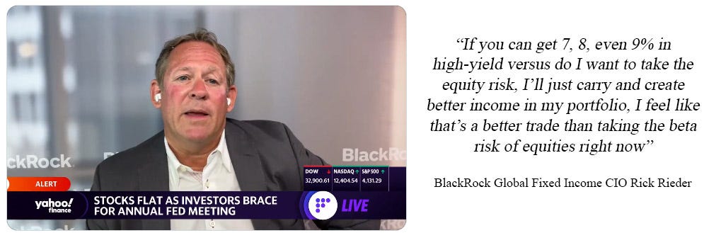 BlackRock Global Fixed Income CIO Rick Rieder “if you can get 7, 8, even 9% in high-yield versus do I want to take the equity risk, I’ll just carry and create better income in my portfolio, I feel like that’s a better trade than taking the beta risk of equities right now”