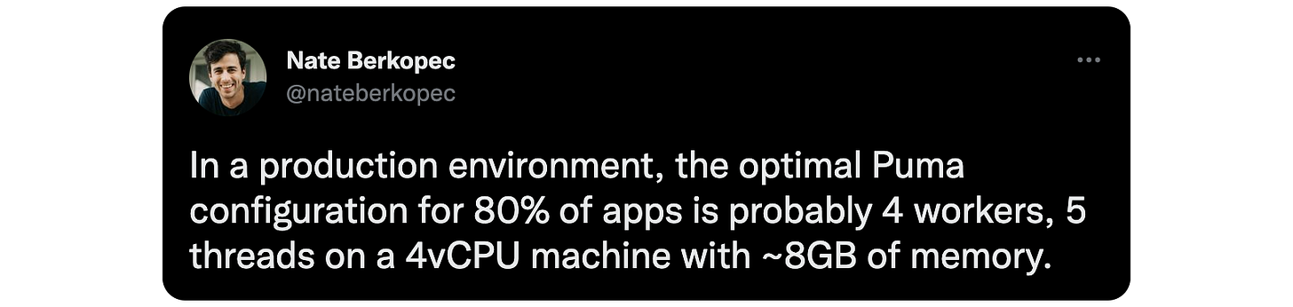 In a production environment, the optimal Puma configuration for 80% of apps is probably 4 workers, 5 threads on a 4vCPU machine with ~8GB of memory.