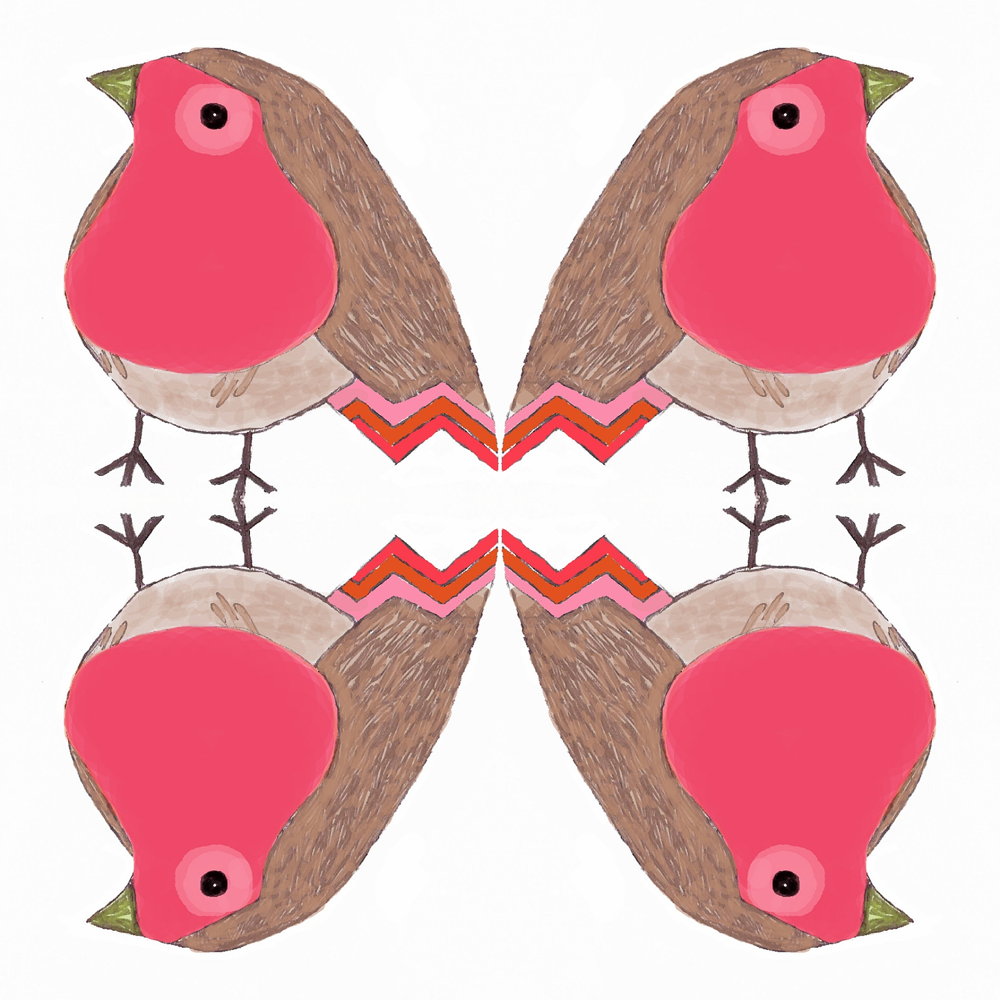 Design of 4 robins on white background by Julia Laing