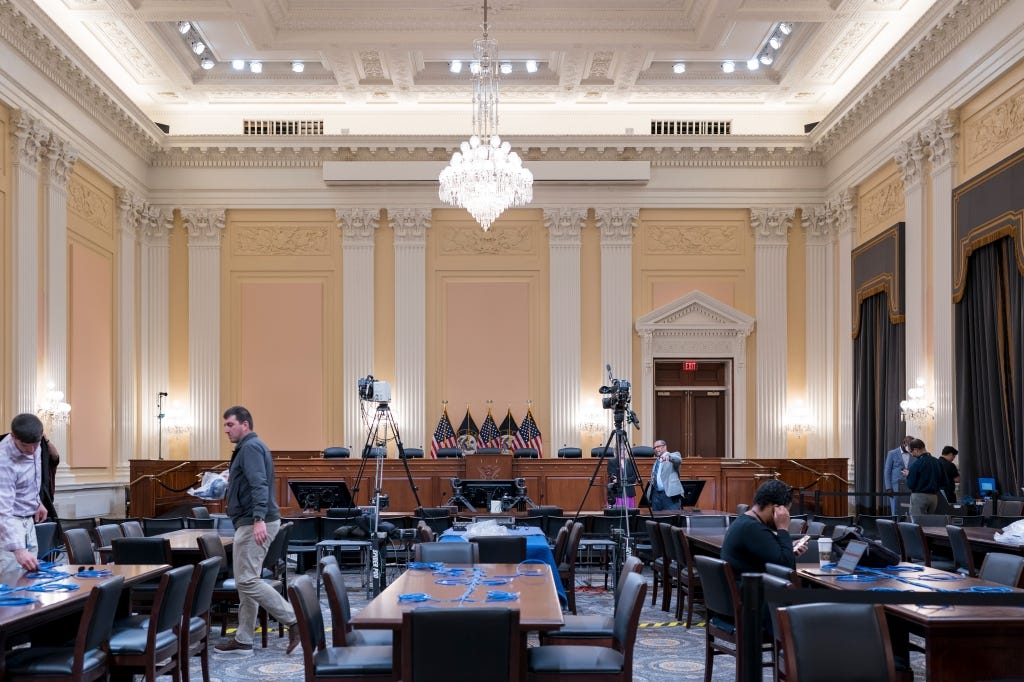 Television crews and technicians prepare the Cannon Caucus Room for Thursday night's hearing by the House select committee investigating the attack of Jan. 6, 2021, at the Capitol in Washington, Tuesday, June 7, 2022.