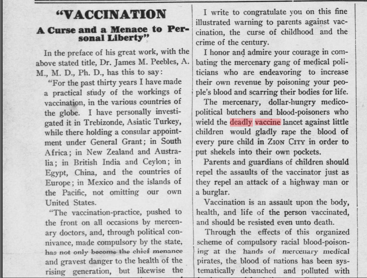 "VACCINATION A Curse and a Menace to Personal Liberty" - The Theocrat (1914)