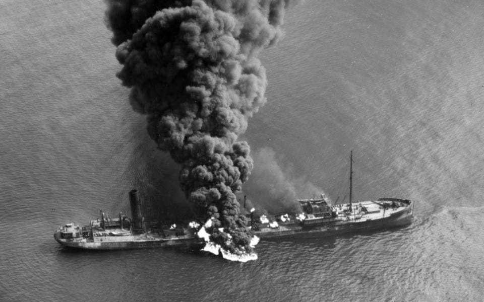 aerial view of the oil tanker Byron D. Benson ablaze after a U-boat attack