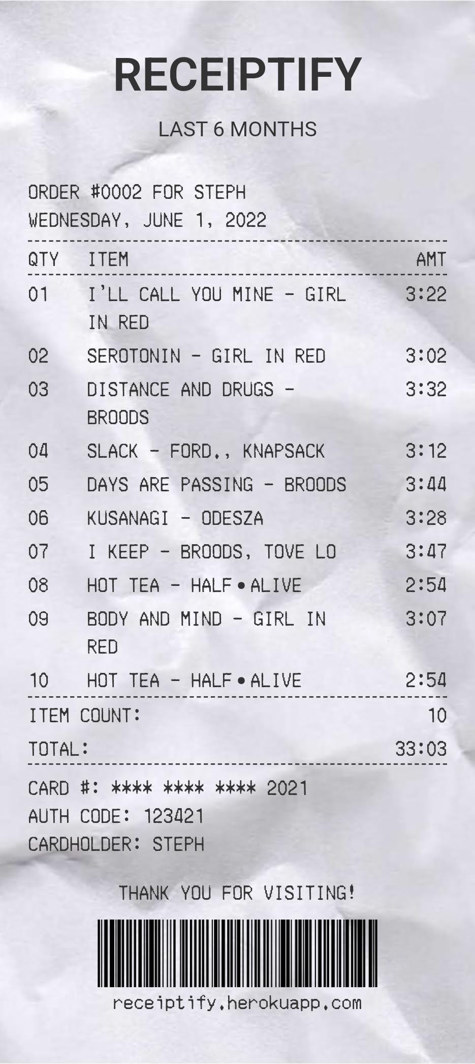 A list of songs stylized like a receipt. Broods and Hot Tea by half-alive are featured heavily.