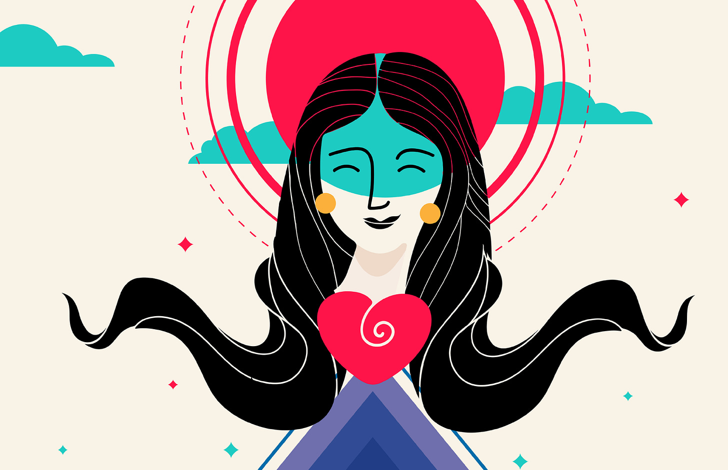 Digital drawing of a smiling person with flowing black hair, a corona of sun behind her head, and a red heart in front of her