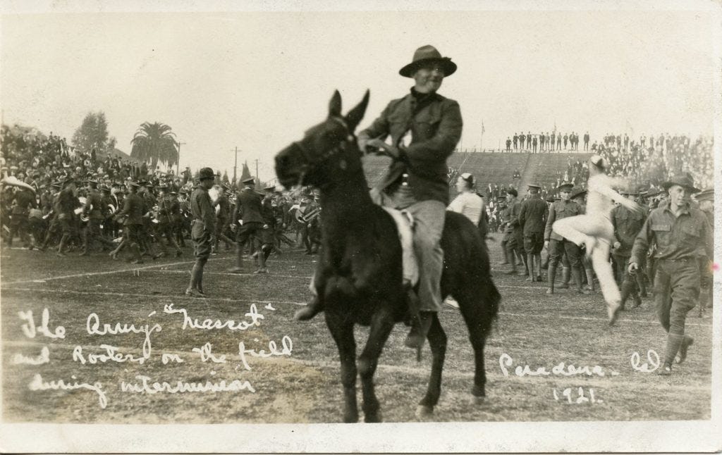 Postcard - The Army's "Mascot" and Rooters on the field during intermission, Pasadena, Cal. 1921