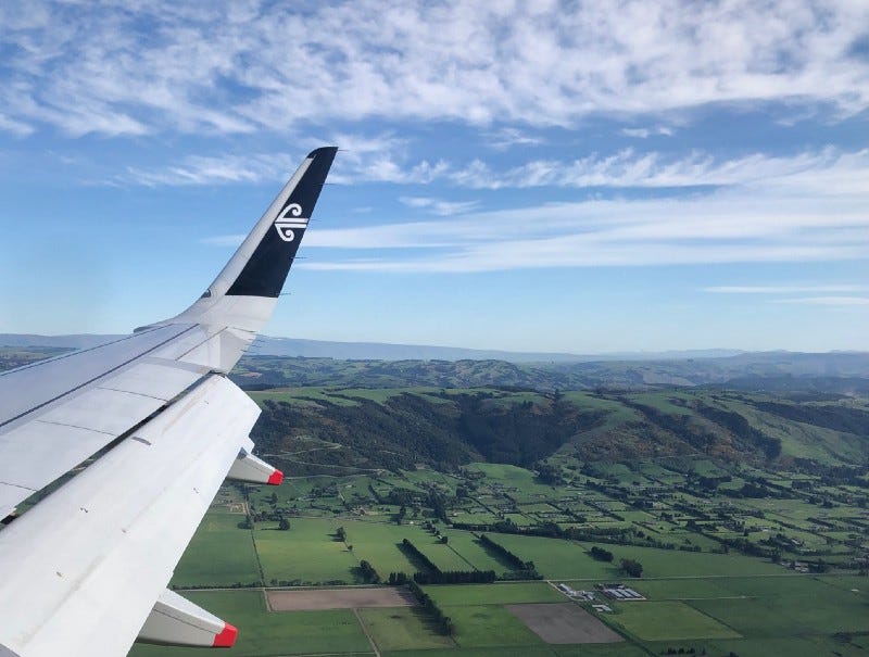 looking out over green fields near Dunedin from the airplane window