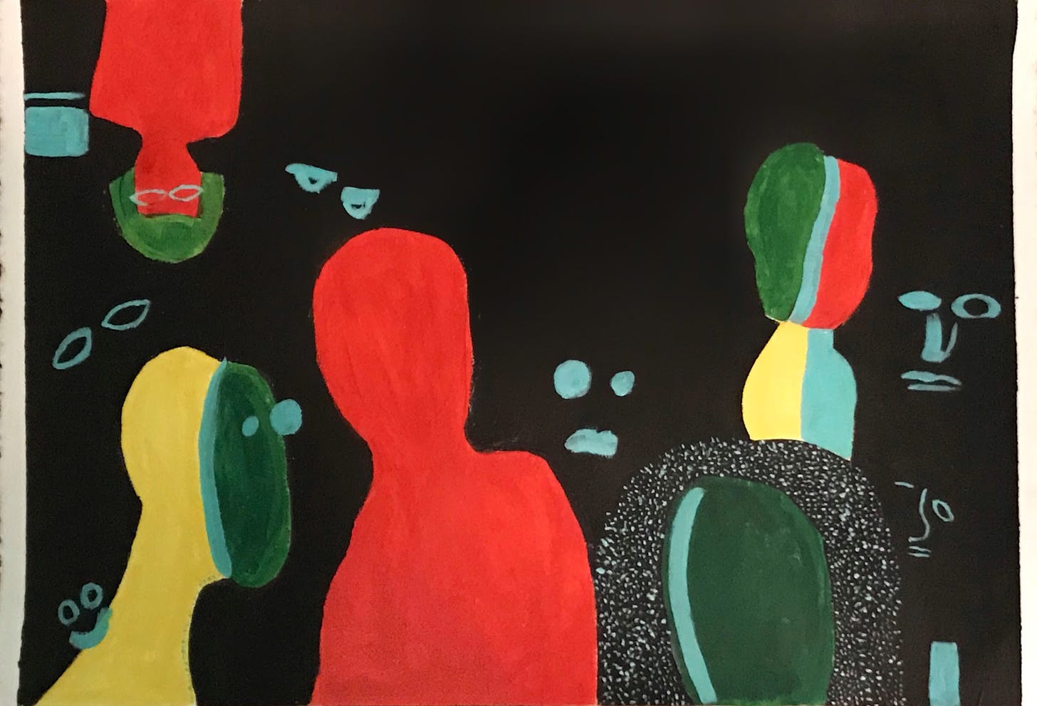 In the black background of the piece, there are ghostly blue expressions staring at us. In the forefront, there are five humanoid figures: on the top left there is an upside down red figure with green hair and glasses, on the bottom left there is a right side up figure with a yellow back and bluish-green face, in the middle of the frame there is a fully red figure with no facial features, on the right bottom corner there is a dark green figure with spotted black hair, and finally on the top right there is a multicolored figure (green, blue, red, and yellow). 