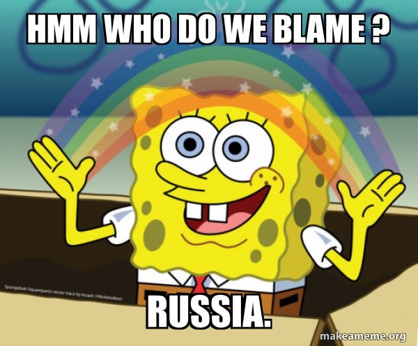 hmm who do we blame ? RUSSIA. - Rainbow Spongbob | Make a Meme