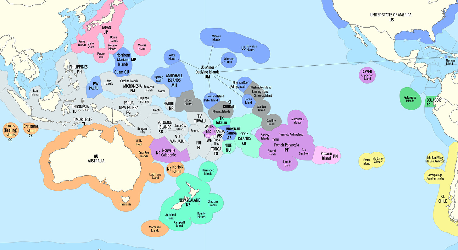 Map of nations in the Pacific and their territorial waters (Image: Maximilian Dörrbecker (Chumwa), CC BY-SA 2.5, via Wikimedia Commons)