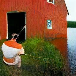 “david bowie fishing near a red barn” entered into DALL-E. That’s Dave’s Pace