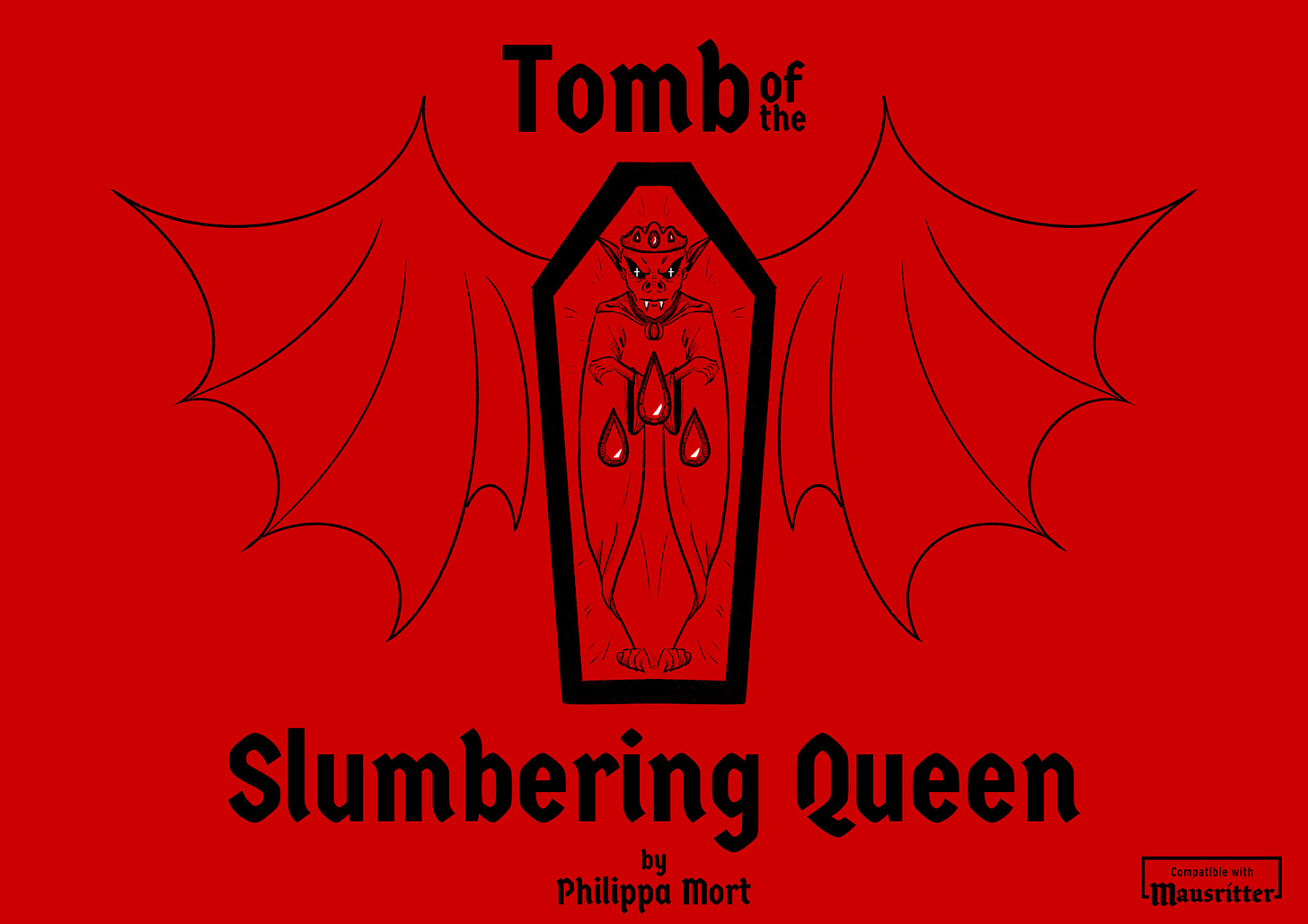Cover of Tomb of the Slumbering Queen. It shows a linear illustration of a Vampire Bat queen resting in a coffin, with her bat wings splayed out. She wears a diadem, and in front of her are 3 crystalline red blood droplets.