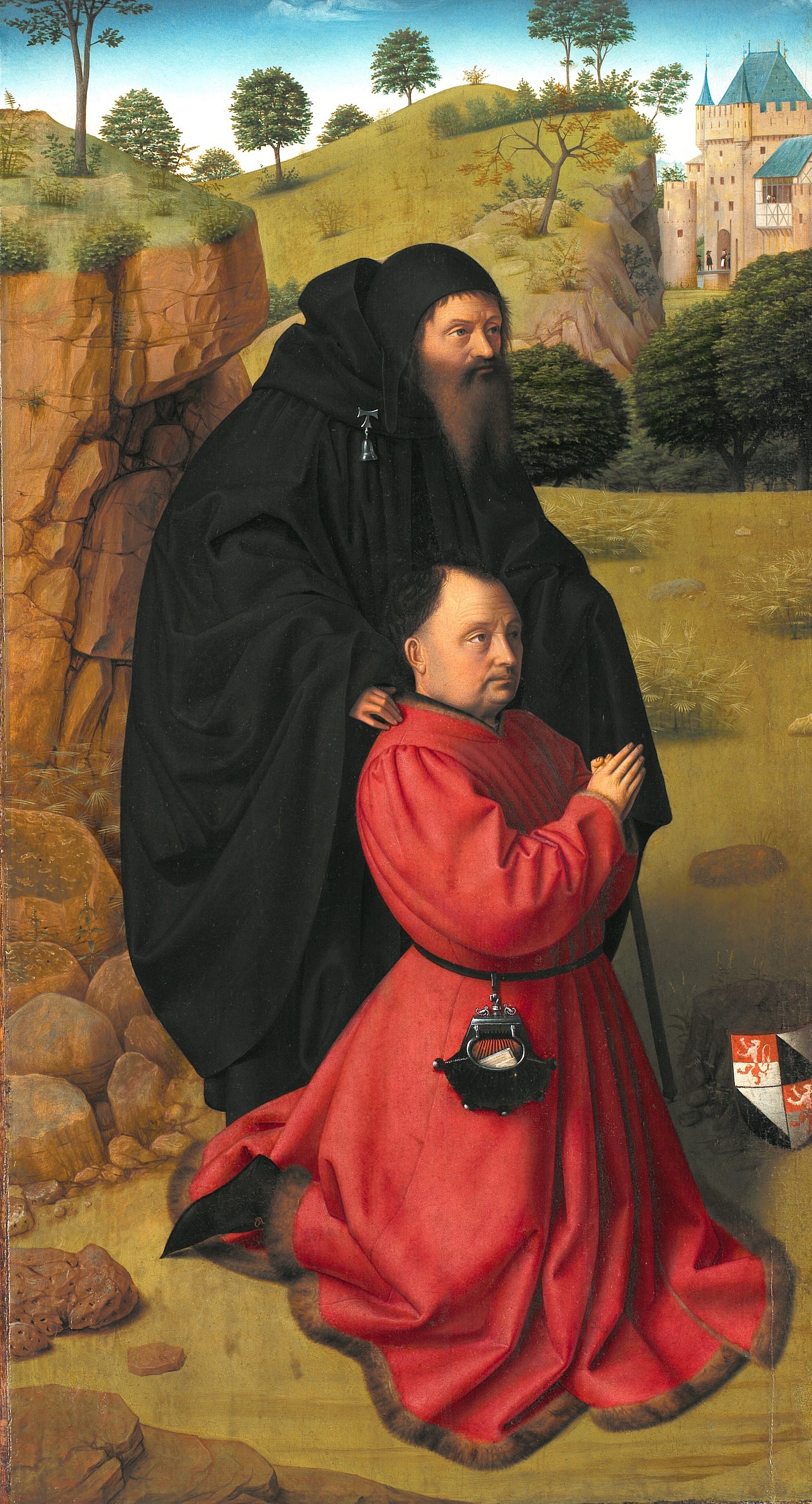 Altar Panel with a Portrait of a Donor in Scarlet under the Protection of St Anthony (1448 – 1451) by Petrus Christus (Dutch, 1410-1475)