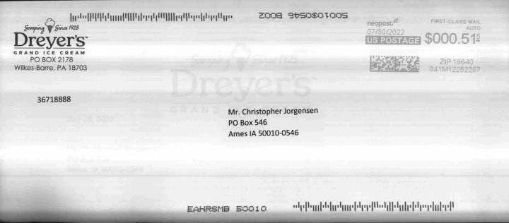 Scan of the envelope of a letter from Dreyer's Ice Cream.
