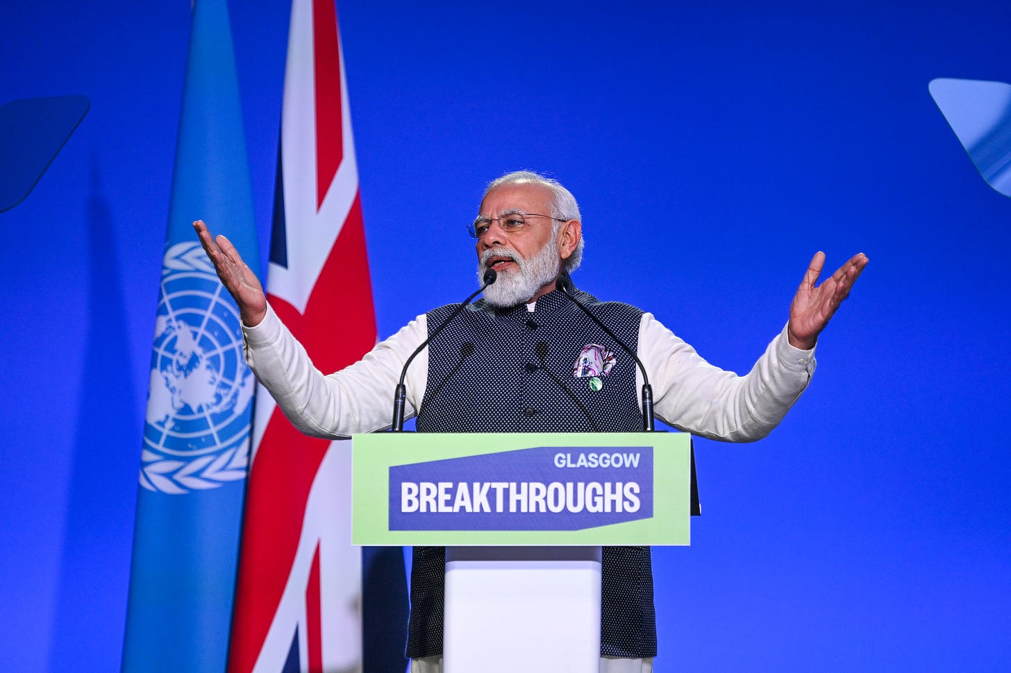 Indian Prime Minister Narendra Modi at COP26 summit in Glasgow on November 2, 2021 (Image: Karwai Tang/UK Government via COP26; CC BY-NC-ND 2.0)
