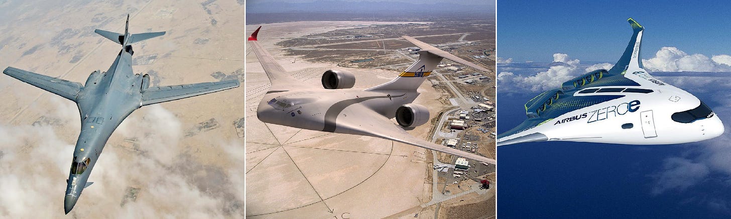 Selection of blended-wing designs: the Rockwell B1-B bomber, a Lockheed Martin hybrid-wing body transport concept, and Airbus' Zero-e blended-wing body hydrogen airliner concept.