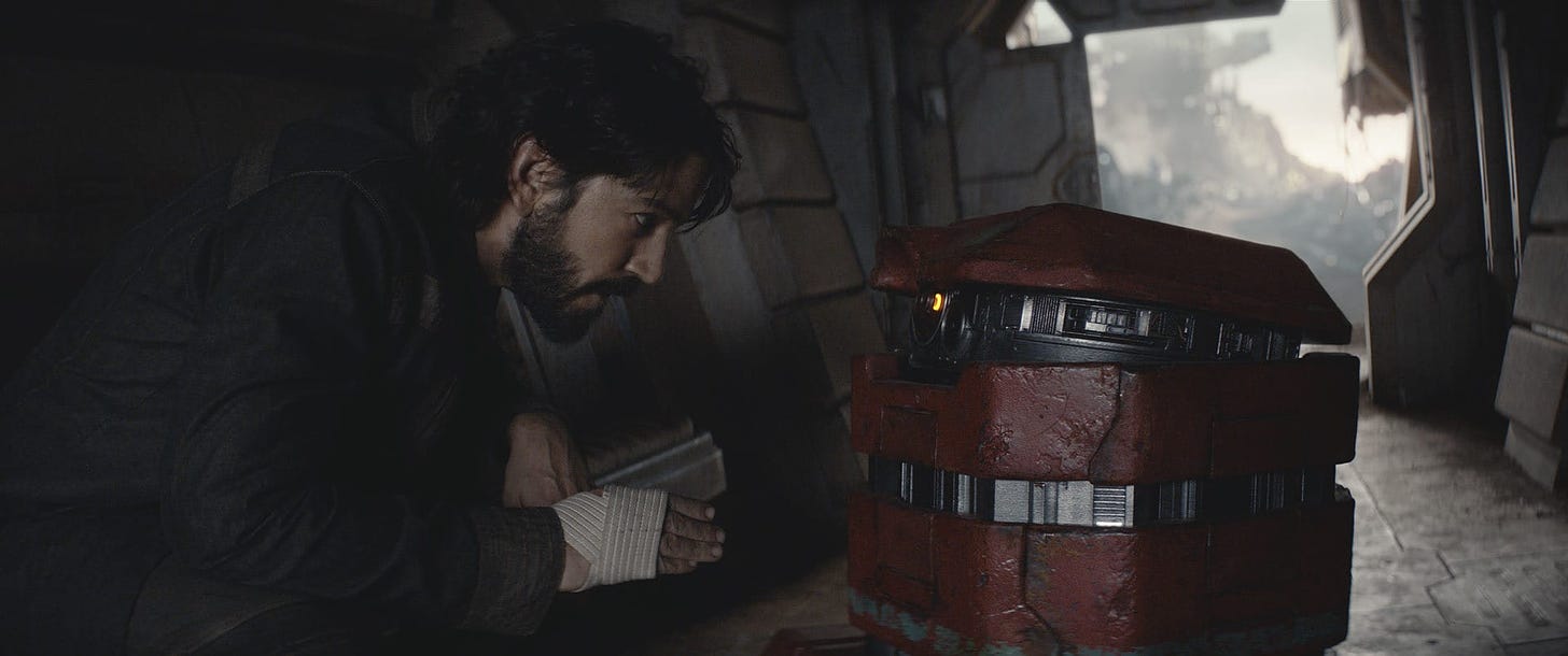 Cassian's droid, B2EMO, goes to wake him the next day on Ferrix. Andor makes the droid promise to lie about his whereabouts last night, and soon asks the same of a friend, Brasso.
