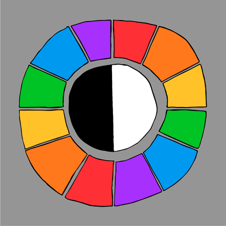 Moon Sun Rainbow Wheel: a circle whose left half is black and white half is right, like the first quarter moon. Around this circle is another ring made of twelve panels going from red to orange to yellow to green to blue to purple and back to red. These panels each change color in a clockwise circle in an infinite loop. The background is gray. The lines are handdrawn and the colors are all filled in digitally so the colors are flat. The negative space between the black and white circle and in between the colored panels makes the shape of a shining sun. 
