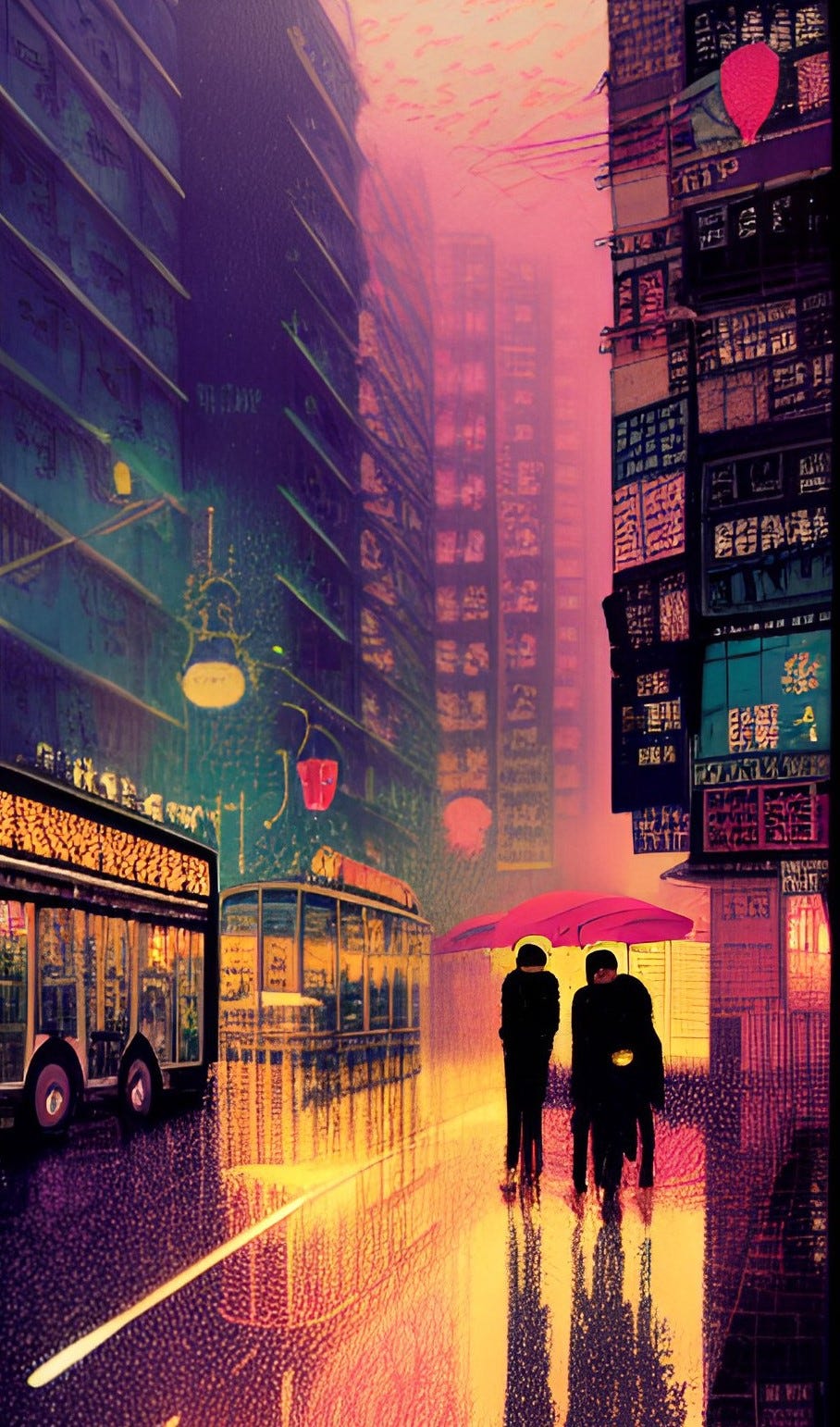 A.I. image of a rainy street in a big Asian city at night, with buses and pedestrians, glowing with streetlights and neon.