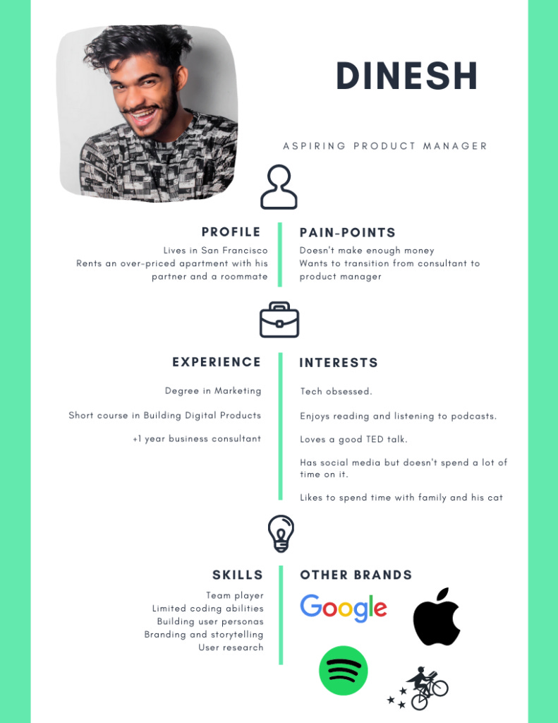 User Persona of Dinesh, an Aspiring Product Manager