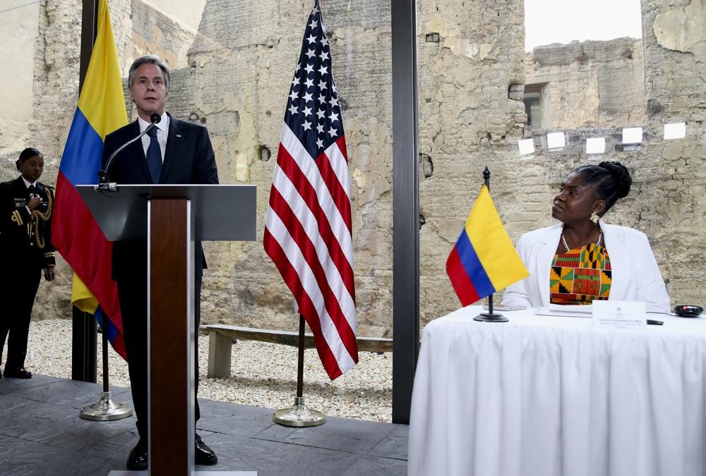 Colombia's Vice President Francia Marquez looks at U.S. Secretary of State Anthony Blinken as he speaks during their visit to Fragmentos Museum, Monday, Oct. 3, 2022, in Bogota, Colombia. (Luisa Gonzalez/Pool via AP)