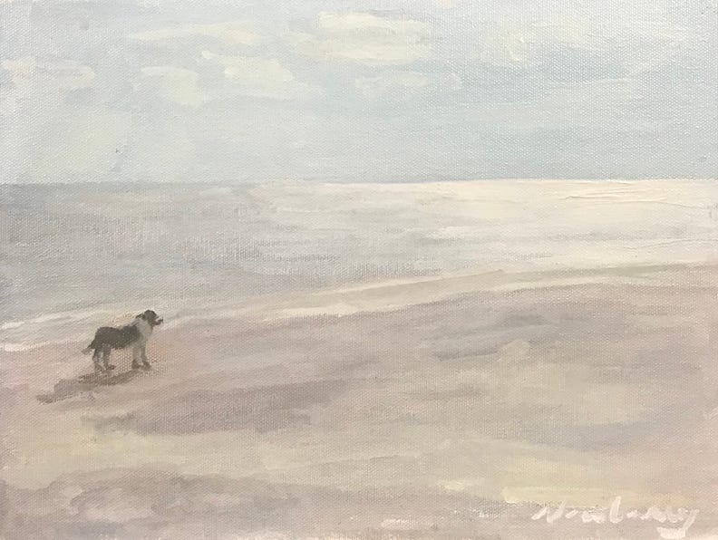 Newberry, Doggie at the Beach, 2020, oil on panel, 9x12"