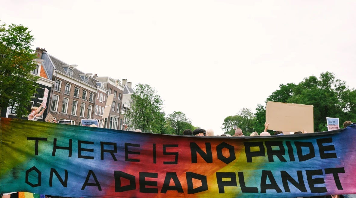 A giant banner that says 'There is no pride on a dead planet'