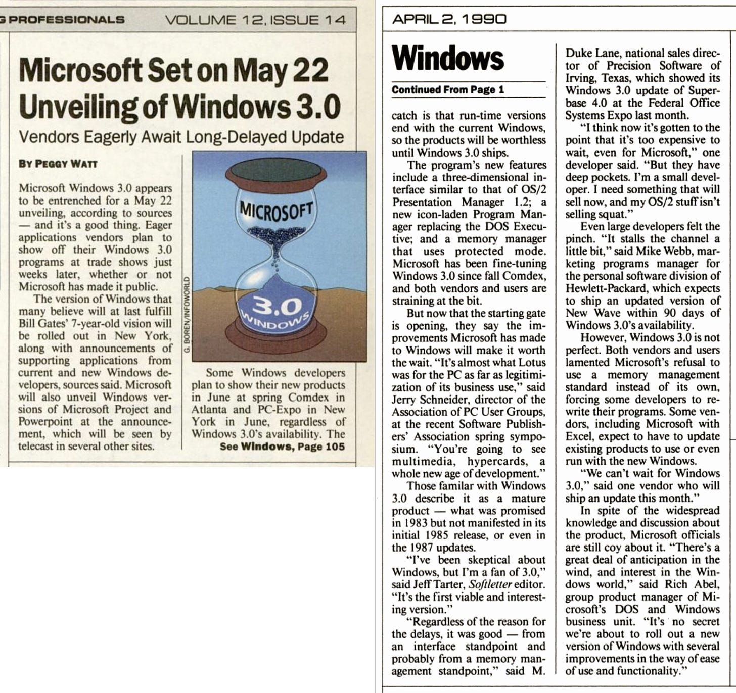 Infoworld Magazine from April 1990 with headline Microsoft Set on May 22 Unveiling of Windows 3.0
