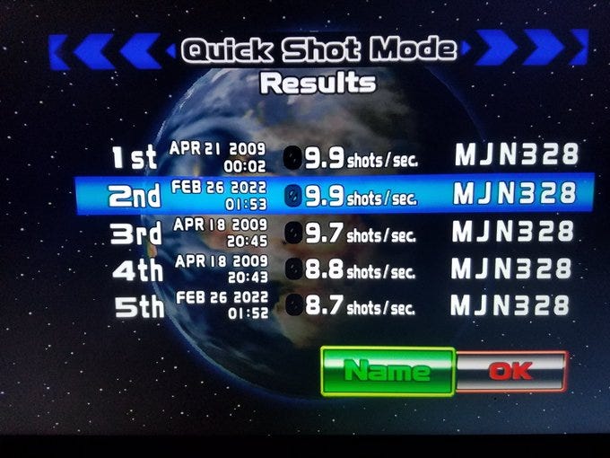 A screenshot of my Quick Shot Mode leaderboard results, with top scores of 9.9 shots per second in both 2009 and 2022