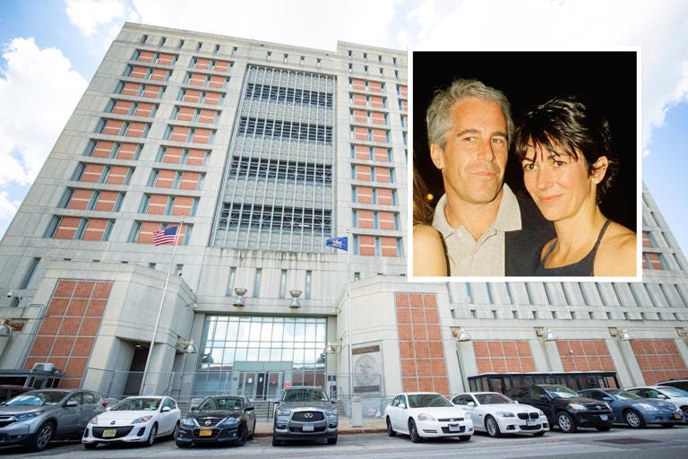 Jeffrey Epstein and Ghislaine Maxwell (inset) at the Mar-a-Lago club, Palm Beach, Florida, February 12, 2000. Maxwell was placed on suicide watch at the Metropolitan Detention Center, Brooklyn (main picture).