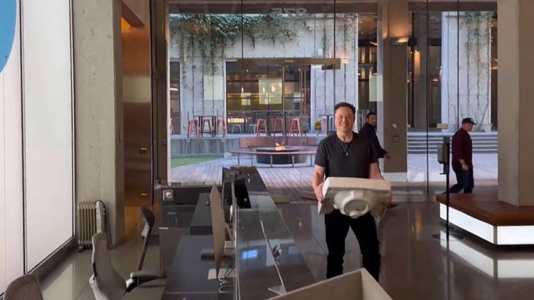 Elon Musk entered Twitter carrying some sanitaryware as a nerdy joke: "Let that sink in."