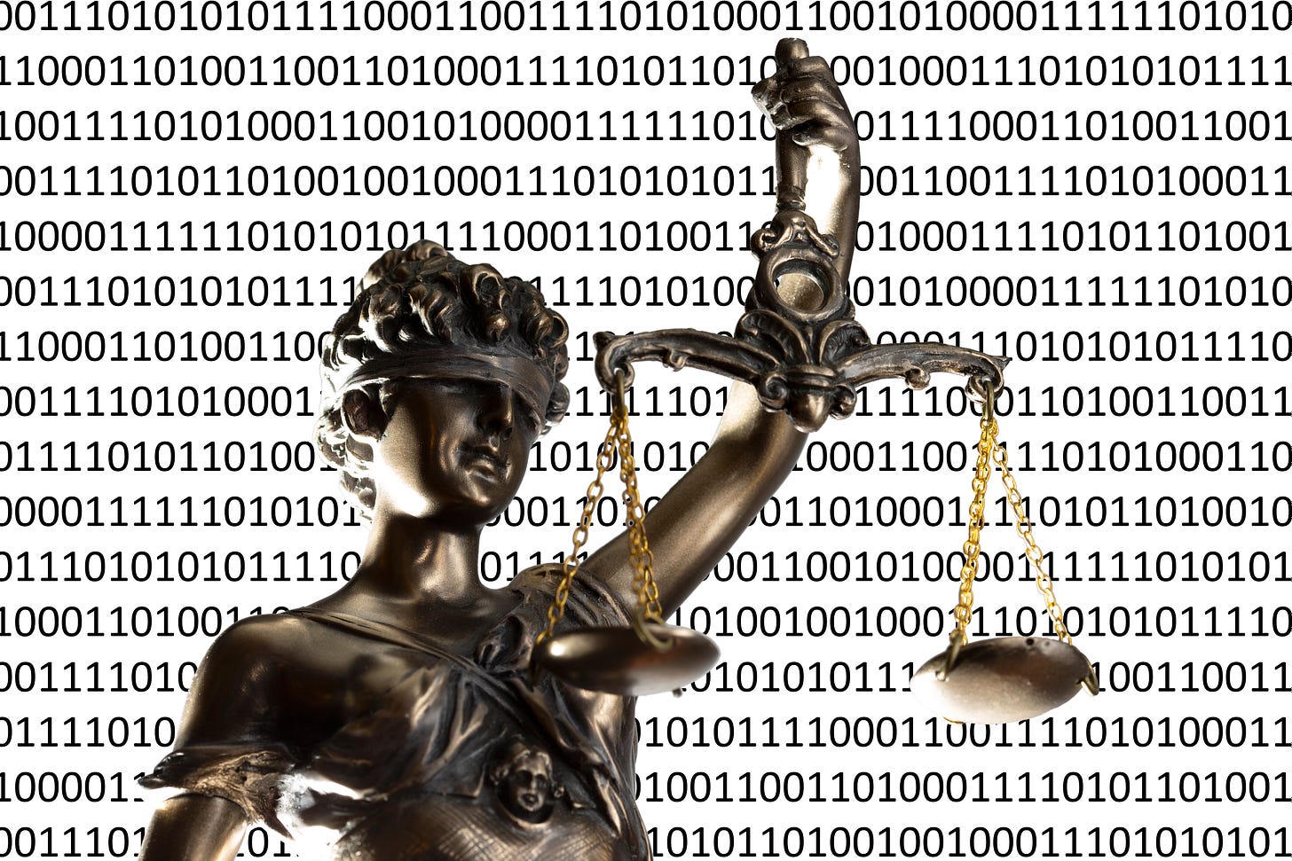 Statue of blindfolded Lady Justice overlayed on binary code.