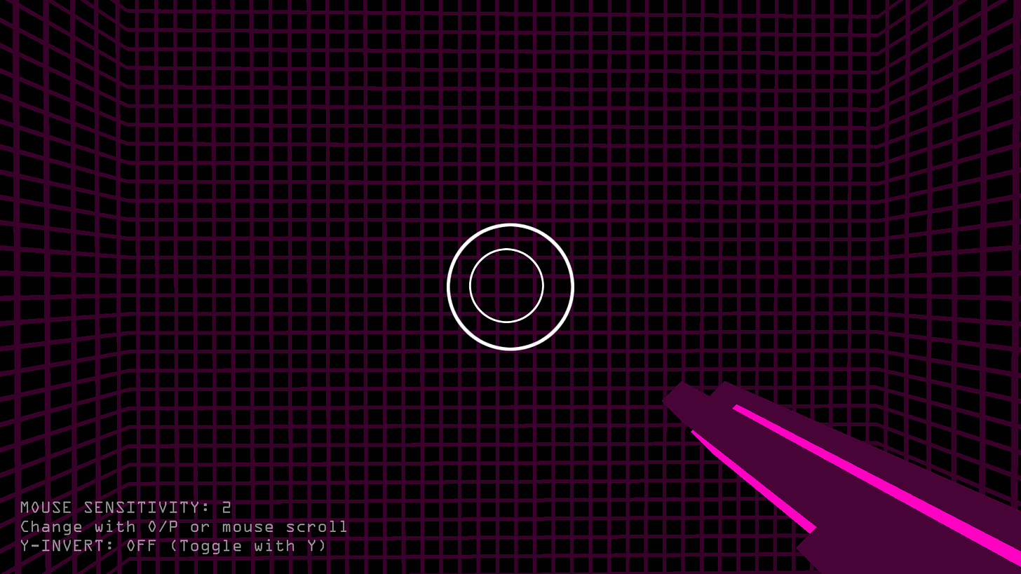 A wide, holodeck-like sphere hosts a white circle in the middle. An FPS game with a pink gun and a round white circle.