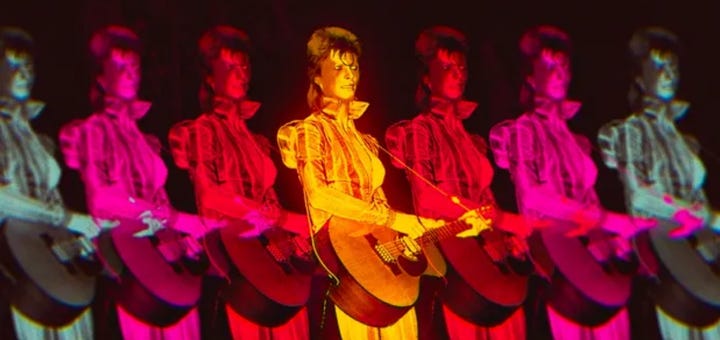 a repeating image of David Bowie playing guitar, in rainbow colors
