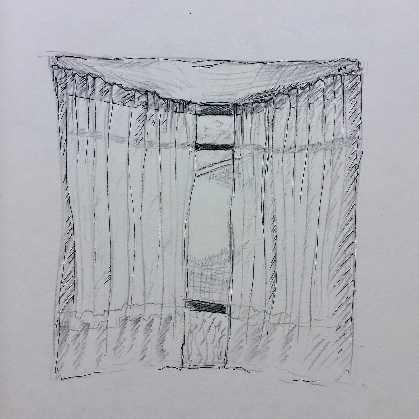 Ink and pencil drawing of morning sun reflecting on the window with partially opened curtain. Part of the 2/100dayproject2021 | morning sun reflecting on the window