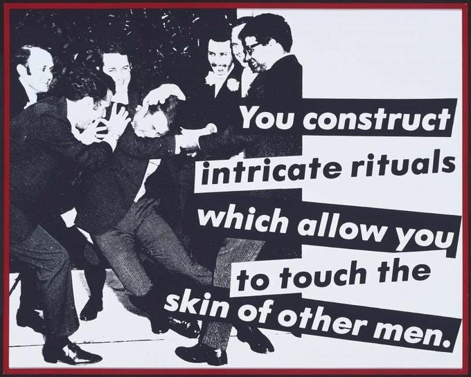 You construct intricate rituals Which allow yoU to touch the skin of other men. Untitled (I shop therefore I am) text poster advertising